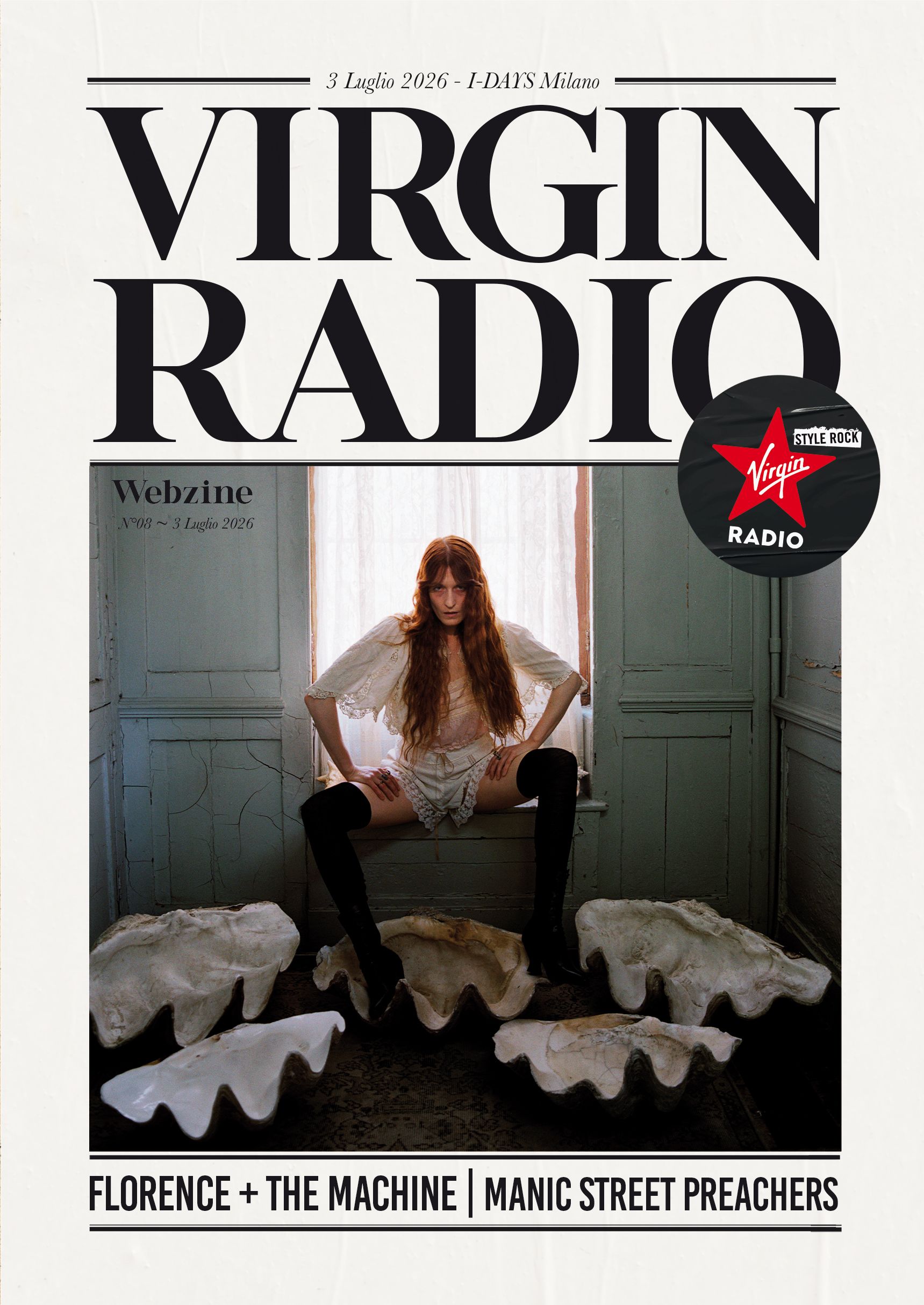 Virgin Radio magazine cover featuring oversized black typography and a model seated in a doorway framed by giant shell props; bottom headlines visible.