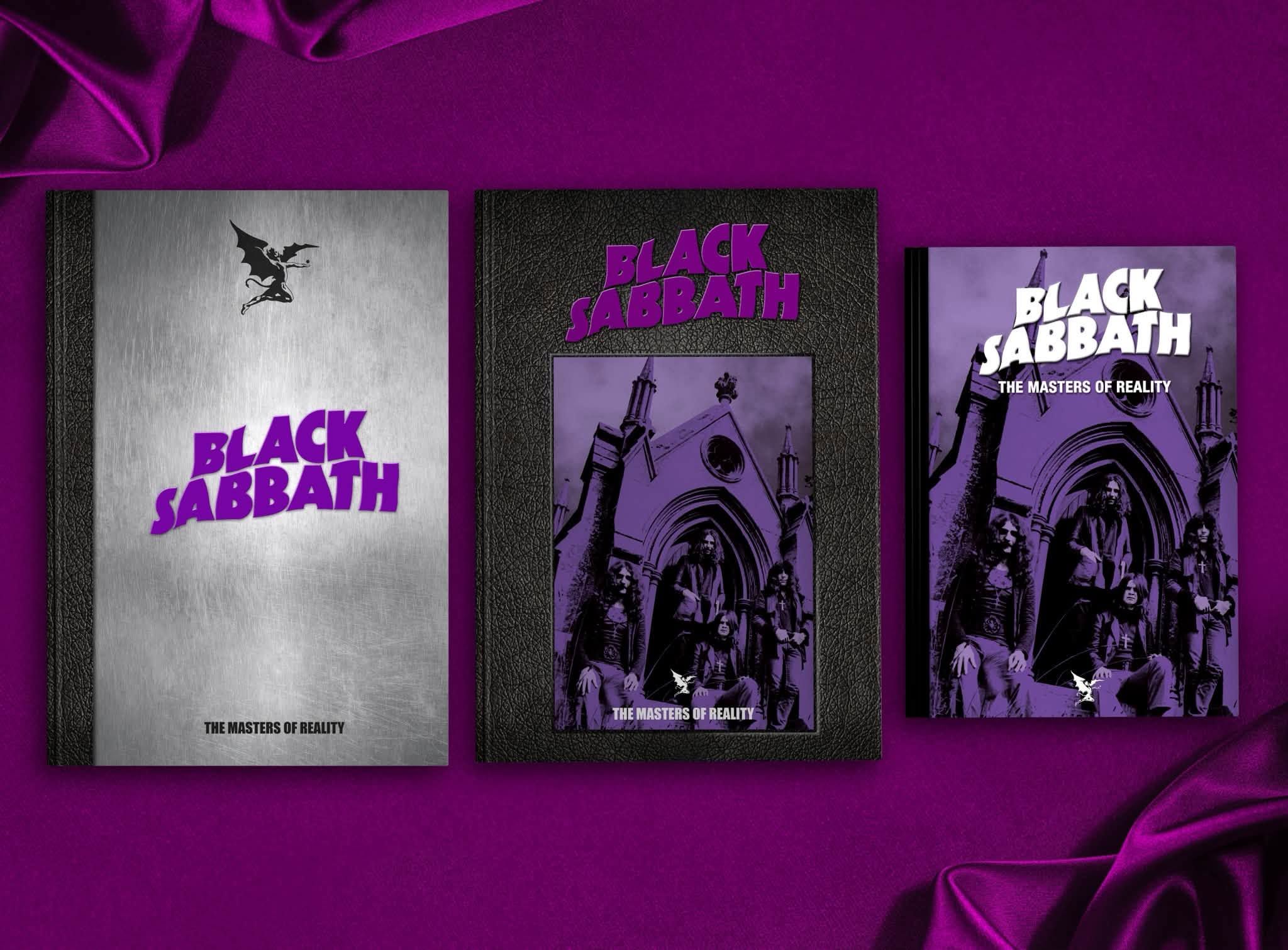 Three Black Sabbath album booklets on a purple backdrop; left silver cover, middle black leather, right purple with artwork and title text aluminum.”