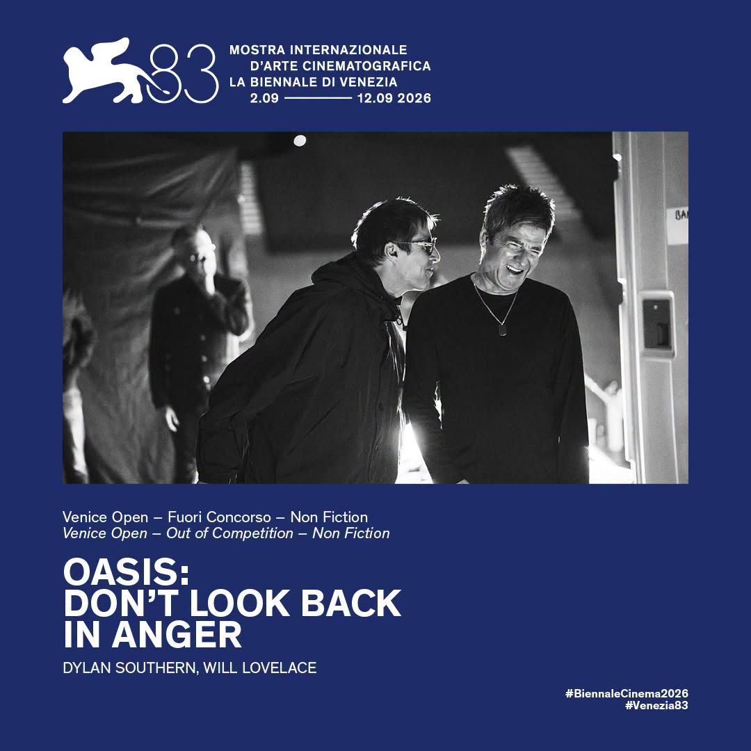 Blue poster for the 83rd Venice Biennale with a black-and-white photo of two men talking, headline 'OASIS: DON’T LOOK BACK IN ANGER' and event details.