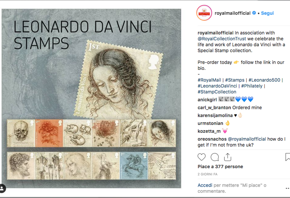 Leonardo da Vinci: il Regno Unito omaggia l’artista con 12 francobolli